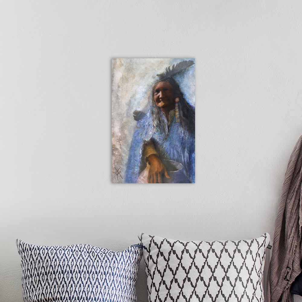 A bohemian room featuring A contemporary painting of a Native American woman draped in a blue blanket while holding a large...