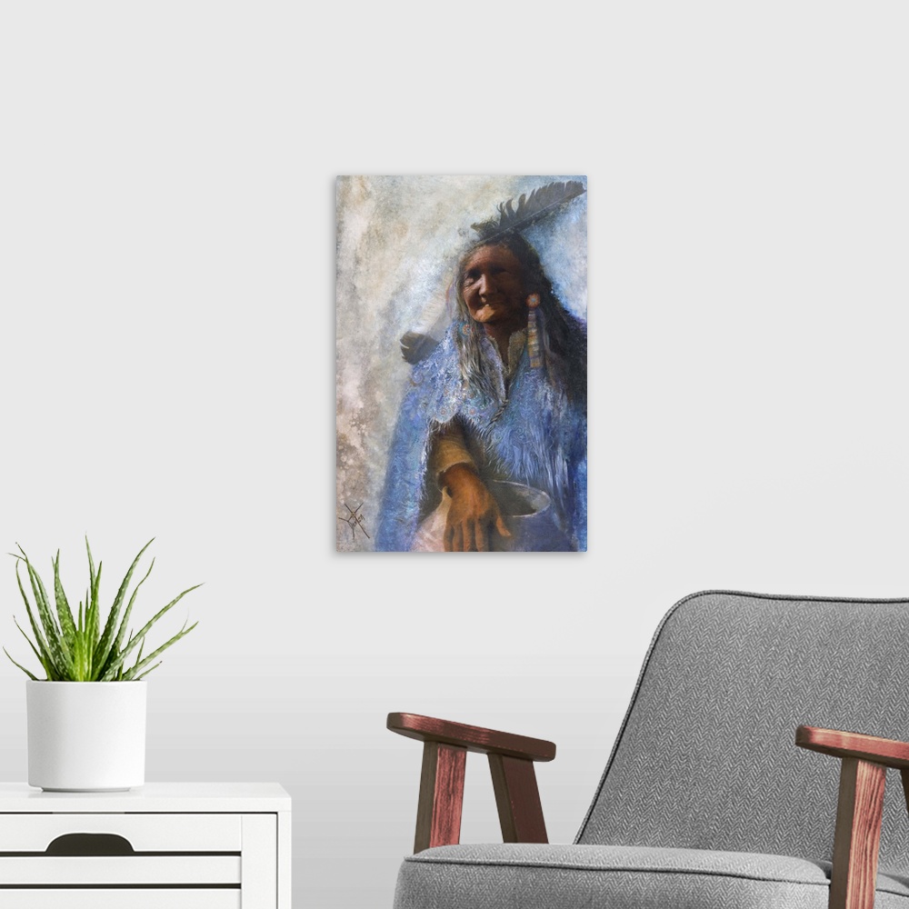 A modern room featuring A contemporary painting of a Native American woman draped in a blue blanket while holding a large...
