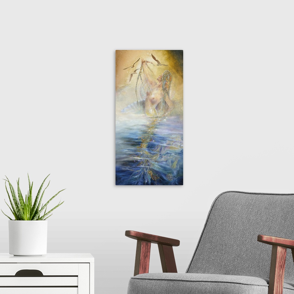 A modern room featuring A contemporary painting of a Mermaid breaching the surface of the water she resides in.