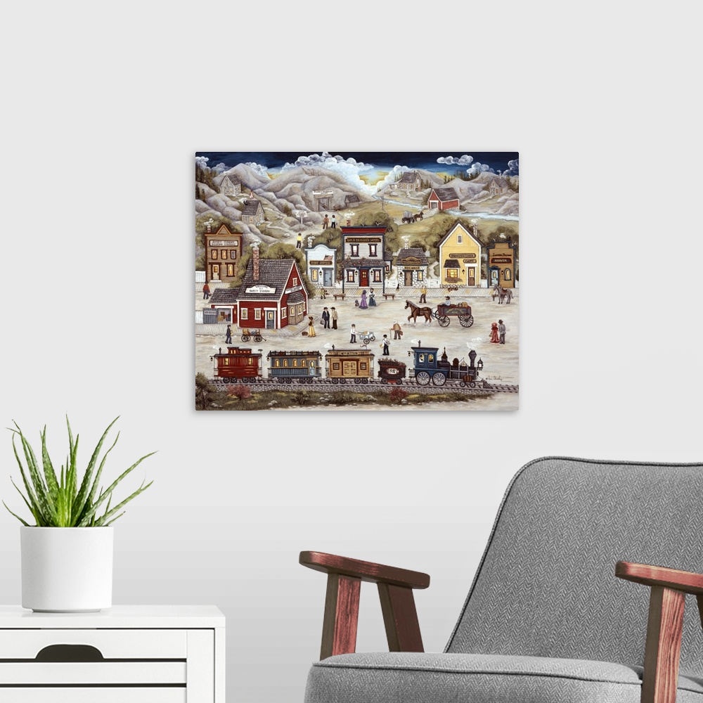 A modern room featuring A mining town with town folks walking and working, horses, trains, mountain, river.