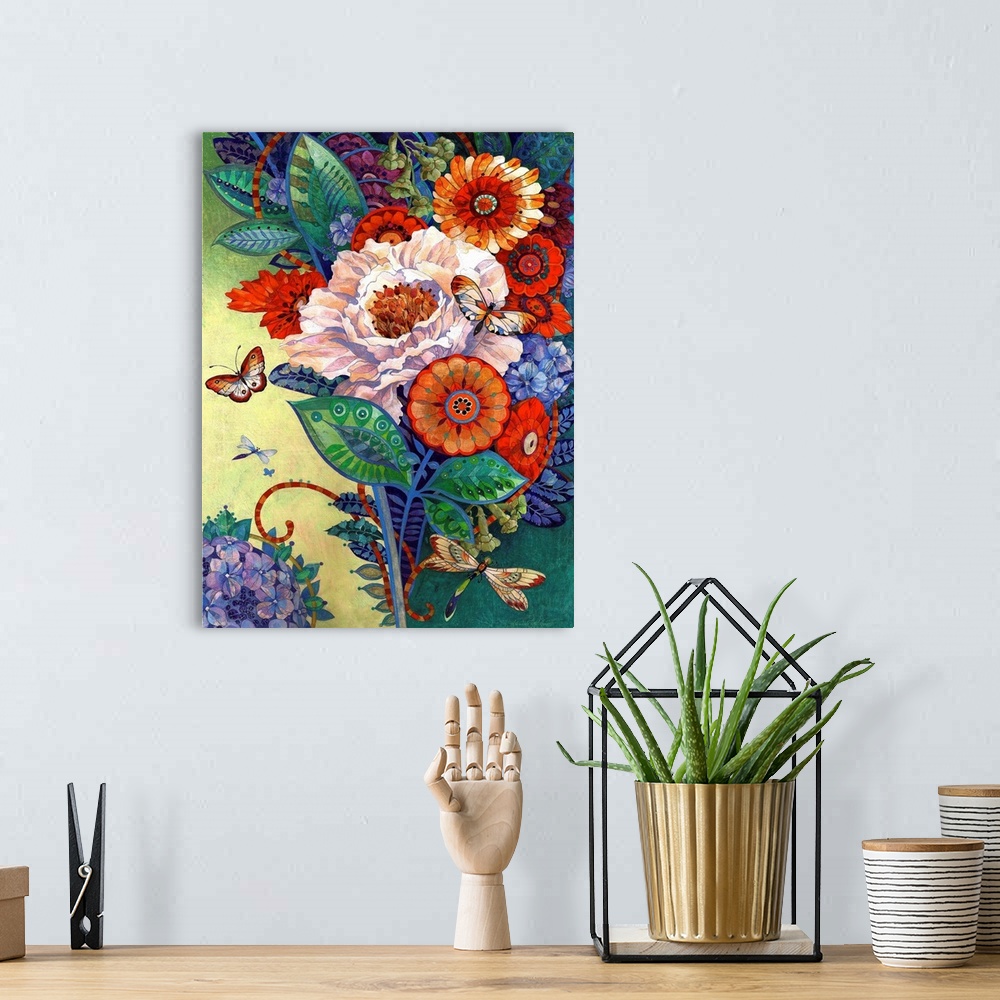 A bohemian room featuring Contemporary artwork of colorful and decorative flowers.