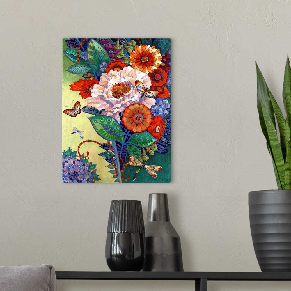 A modern room featuring Contemporary artwork of colorful and decorative flowers.