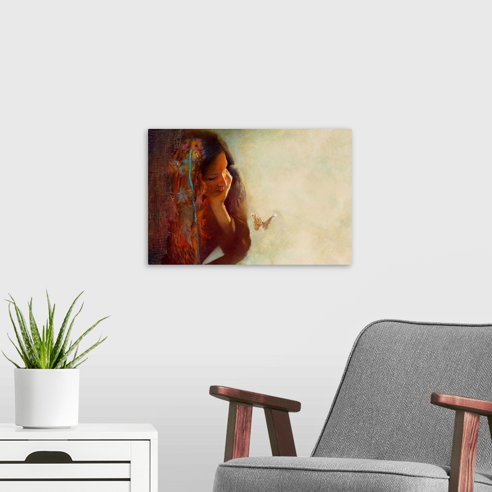 A modern room featuring A contemporary painting of a woman staring at a moth whimsically fluttering its wings.