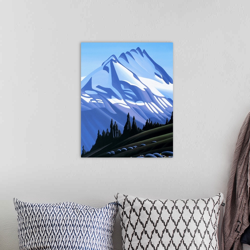 A bohemian room featuring Painting of a snow topped mountain peak and a wilderness landscape in green on the foreground.