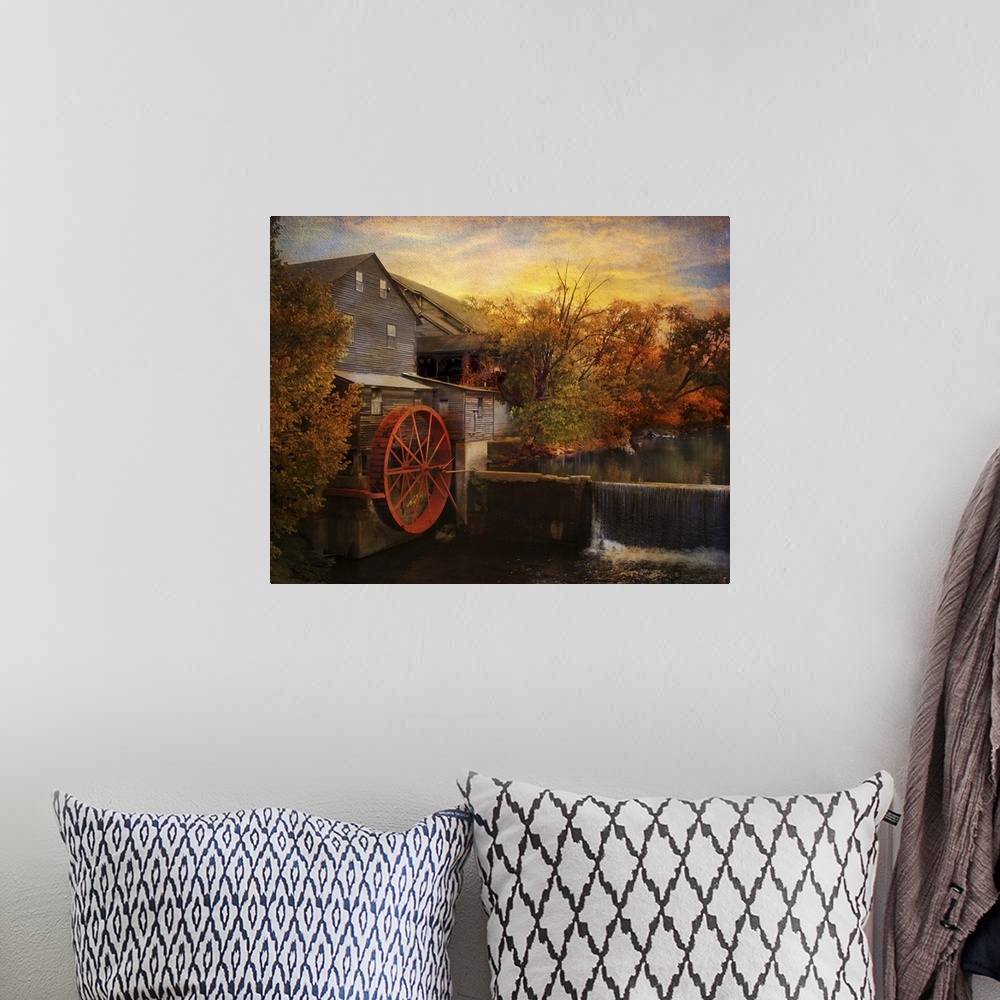 A bohemian room featuring Fine art photo of a water mill at sunset in the fall.