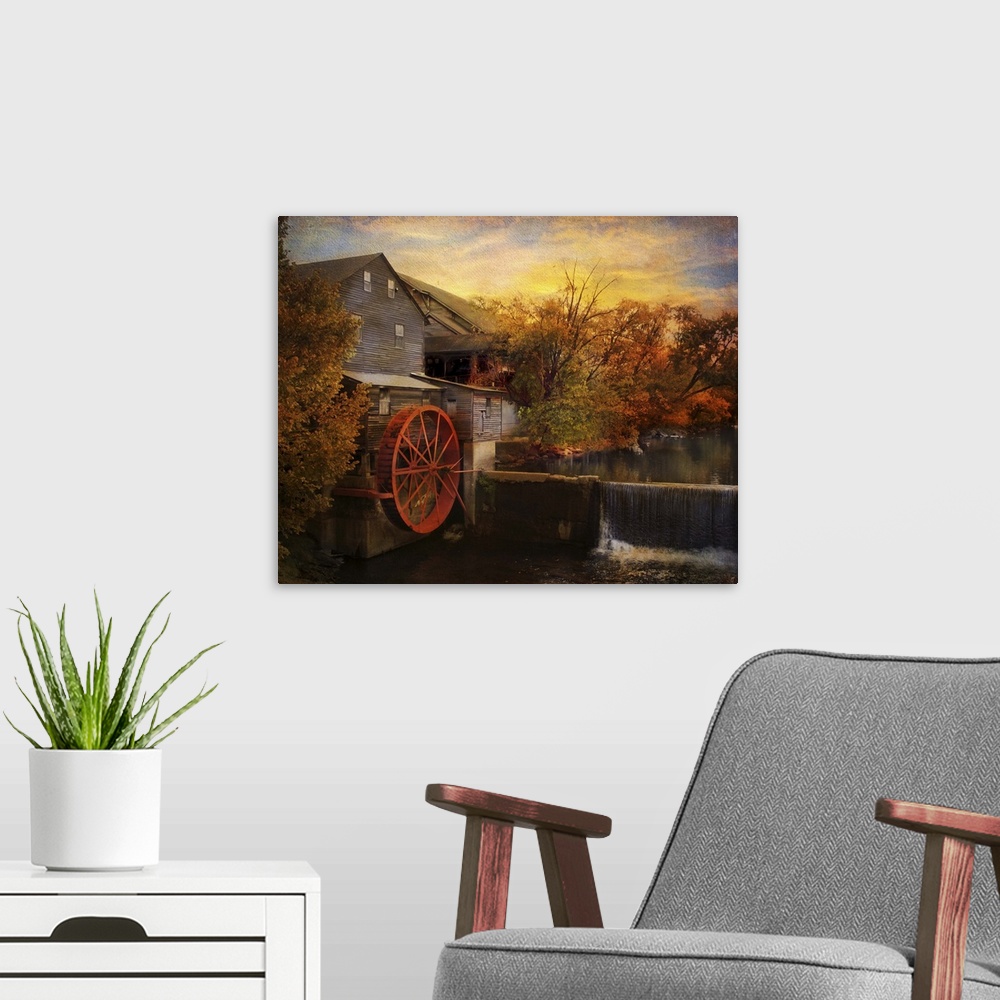 A modern room featuring Fine art photo of a water mill at sunset in the fall.