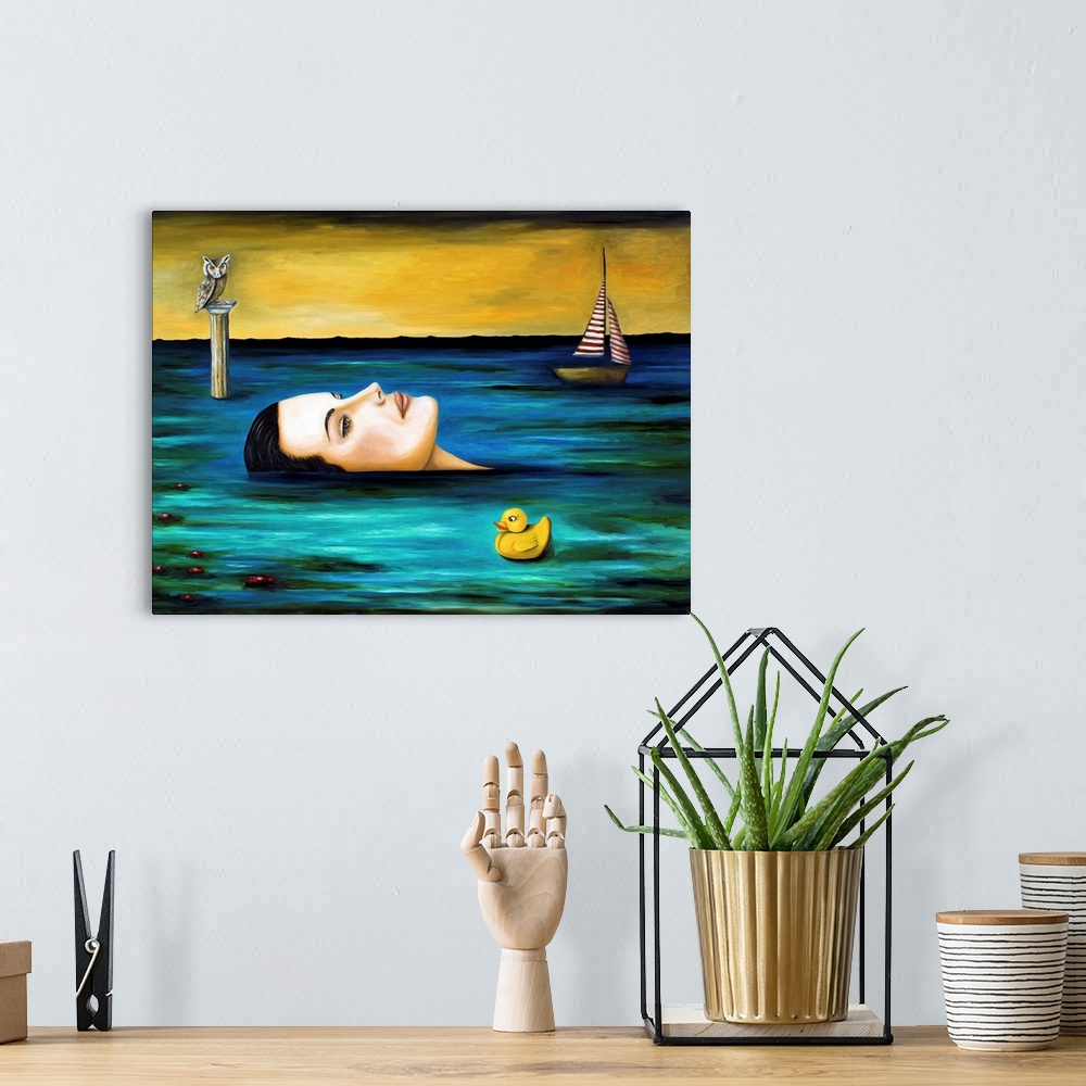 A bohemian room featuring Surrealist painting of a woman floating in dark water with a sailboat in the distance.