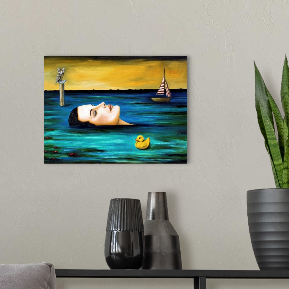 A modern room featuring Surrealist painting of a woman floating in dark water with a sailboat in the distance.