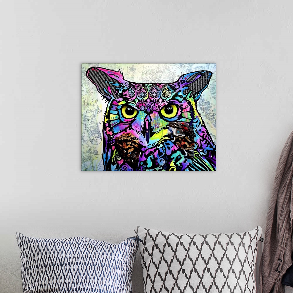 A bohemian room featuring Vibrant painting of an owl with abstract designs on a white background with faint black blueprint...