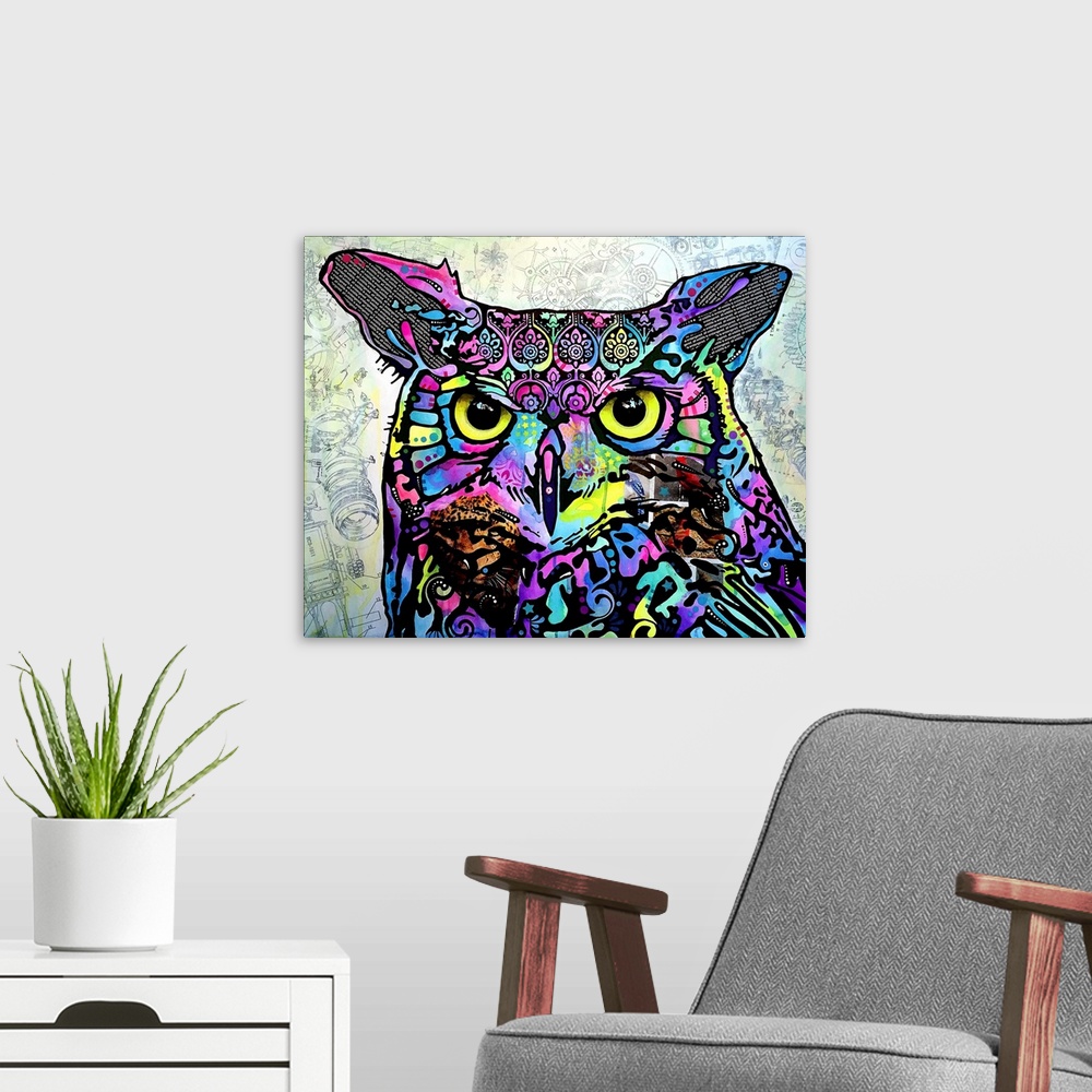 A modern room featuring Vibrant painting of an owl with abstract designs on a white background with faint black blueprint...