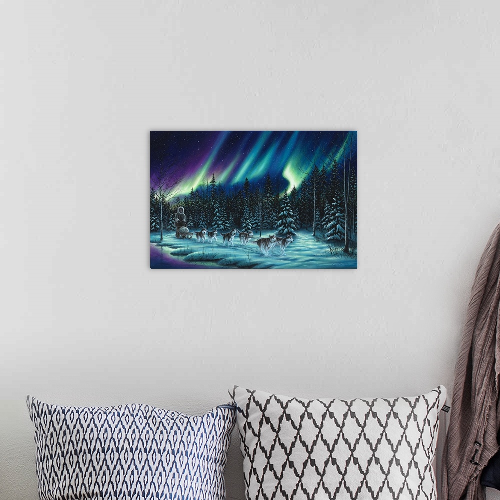 A bohemian room featuring Contemporary painting of the Northern Lights with six sleigh dogs pulling a bundled up man throug...