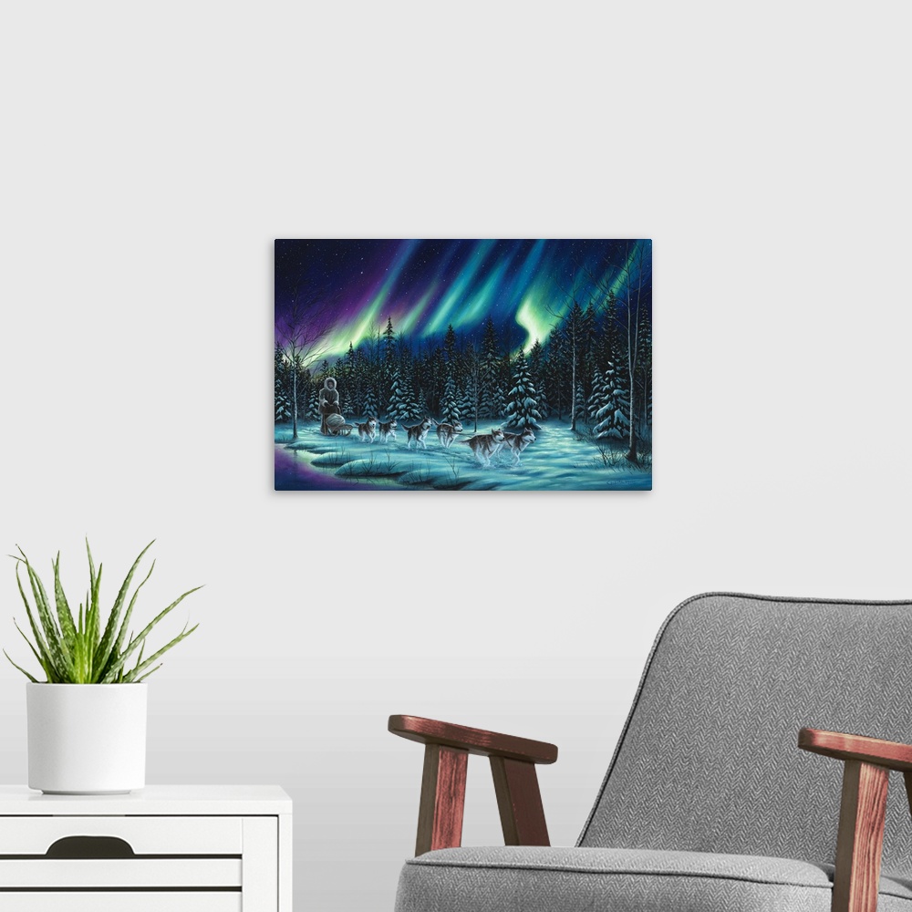 A modern room featuring Contemporary painting of the Northern Lights with six sleigh dogs pulling a bundled up man throug...
