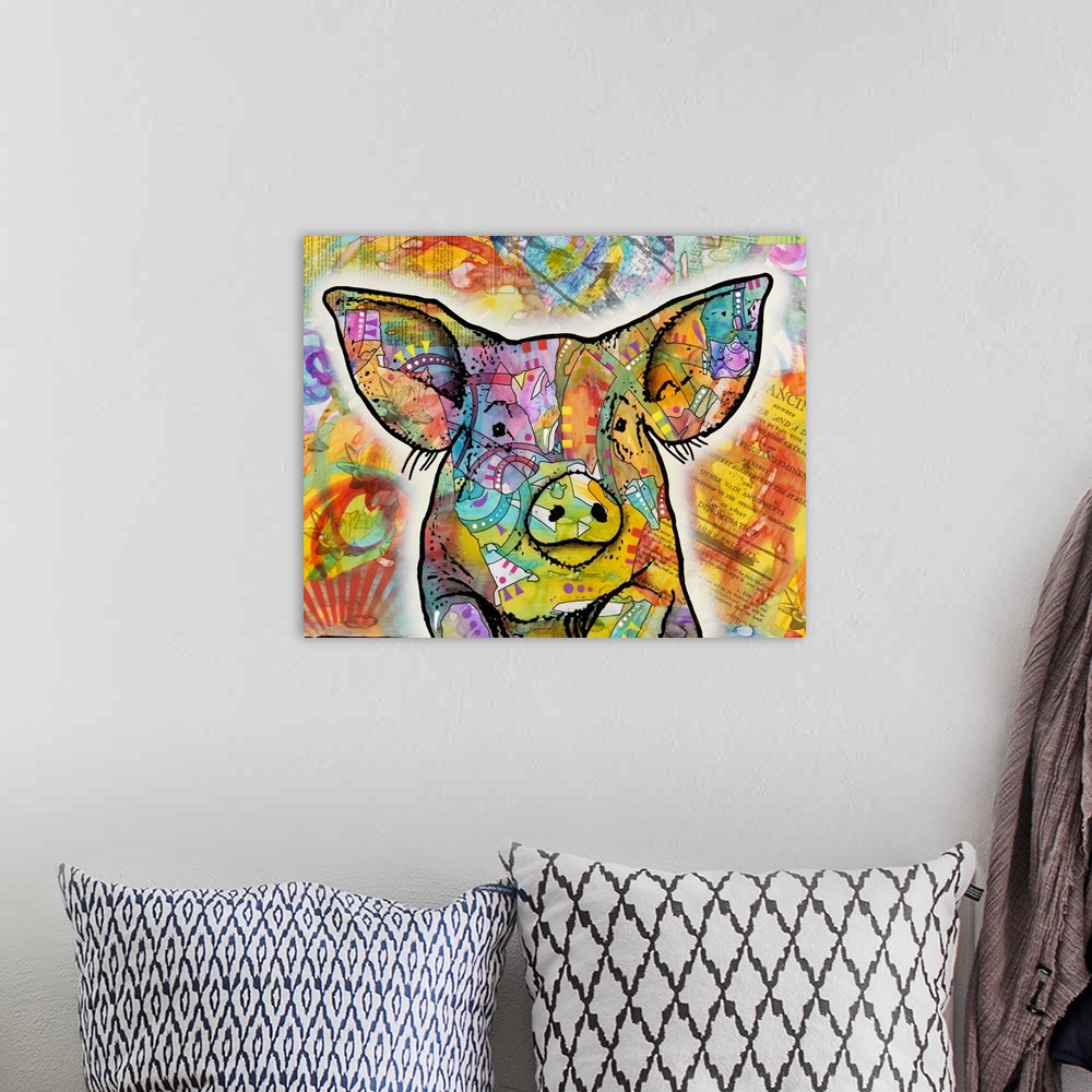 A bohemian room featuring Colorful illustration of a pig leaning over a fence with abstract designs all over and a collage ...