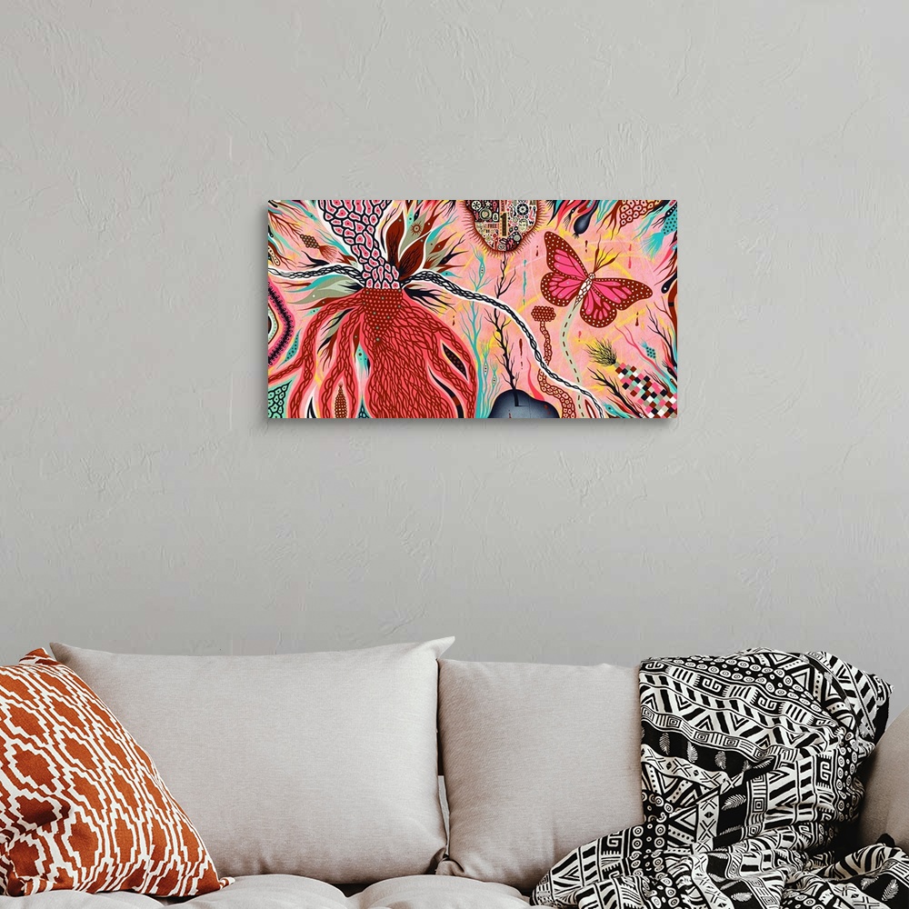 A bohemian room featuring Abstract contemporary artwork in shades of pink and turquoise with a butterfly and floral shapes.