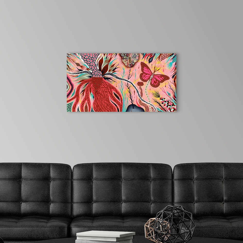 A modern room featuring Abstract contemporary artwork in shades of pink and turquoise with a butterfly and floral shapes.