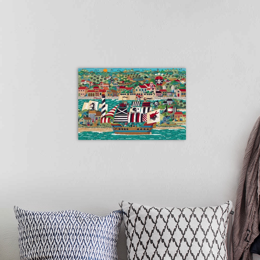 A bohemian room featuring Contemporary painting of a coastal town with a ship pulled into harbor.