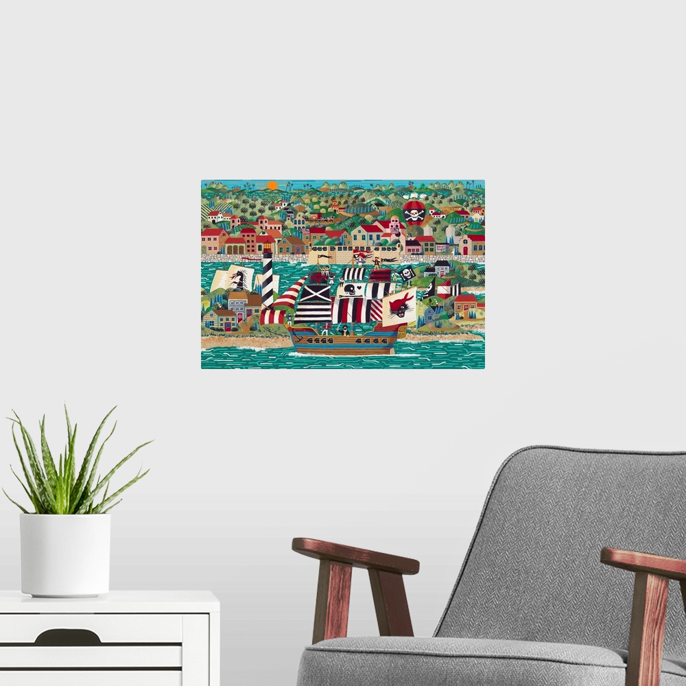A modern room featuring Contemporary painting of a coastal town with a ship pulled into harbor.