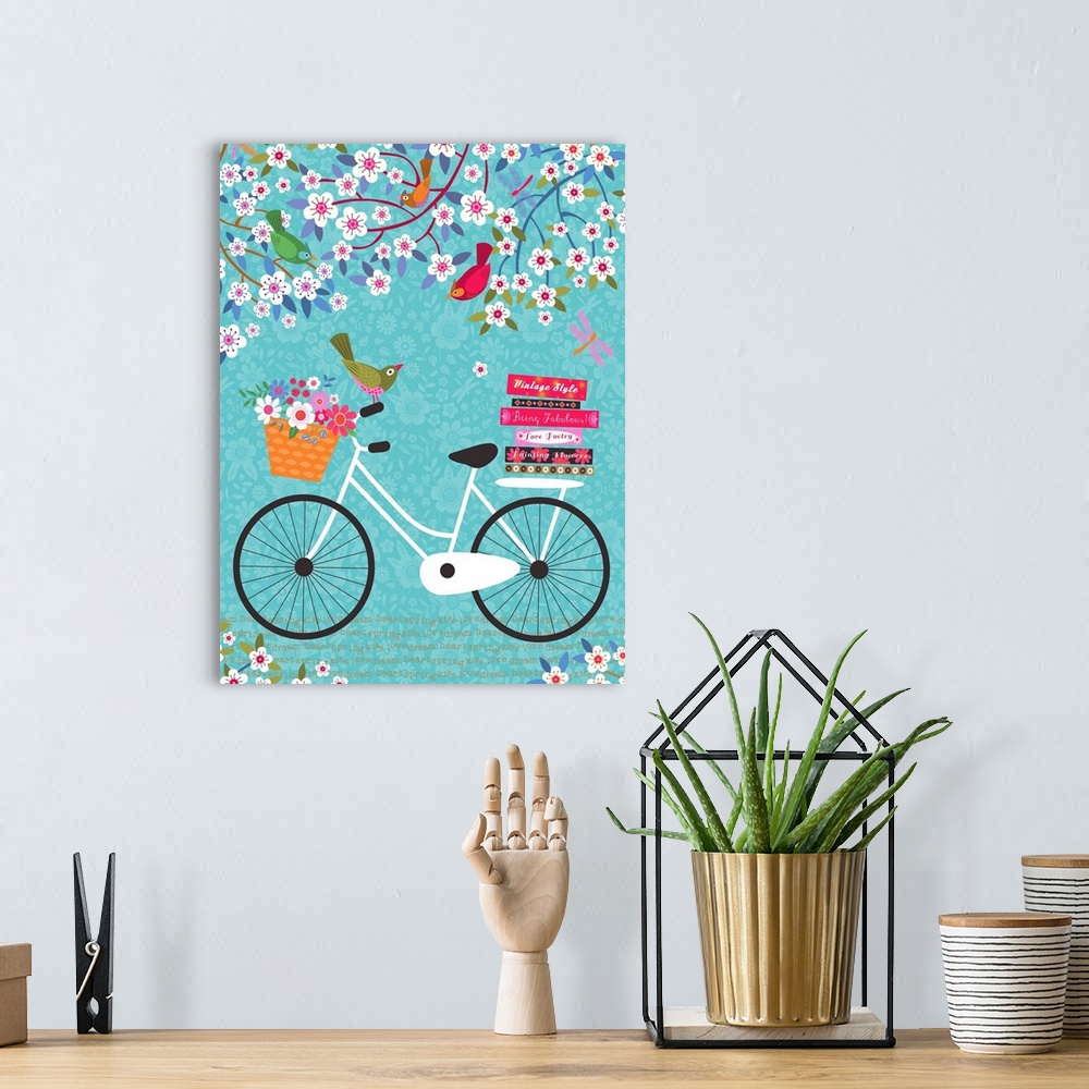 A bohemian room featuring Contemporary colorful inspirational artwork of a green bird on a bicycle.