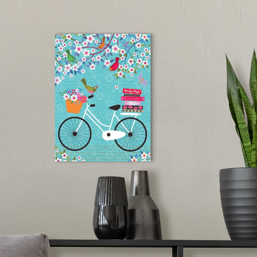 A modern room featuring Contemporary colorful inspirational artwork of a green bird on a bicycle.