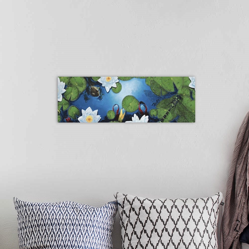 A bohemian room featuring Contemporary painting of a view looking down on a pond with lily pads and dragonflies.
