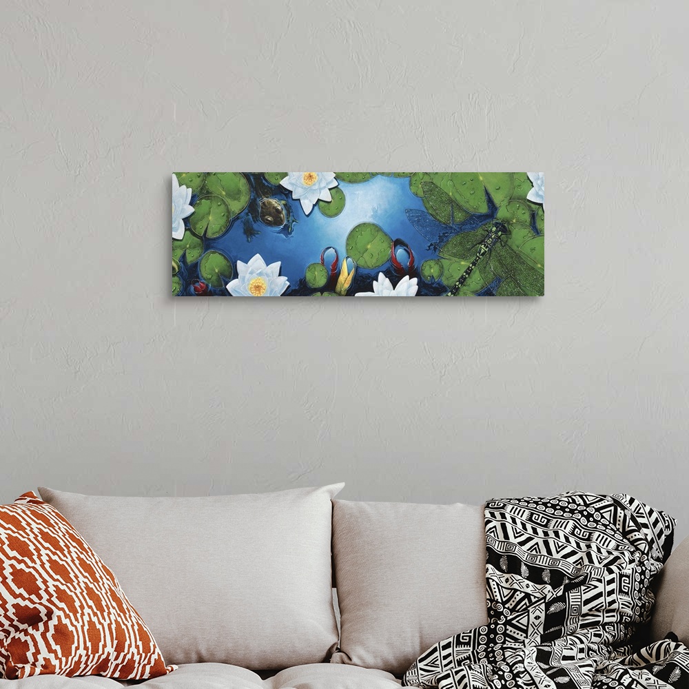 A bohemian room featuring Contemporary painting of a view looking down on a pond with lily pads and dragonflies.