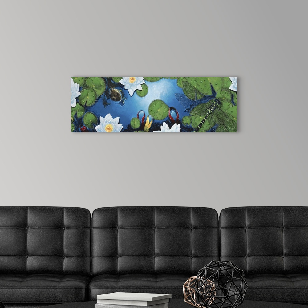 A modern room featuring Contemporary painting of a view looking down on a pond with lily pads and dragonflies.