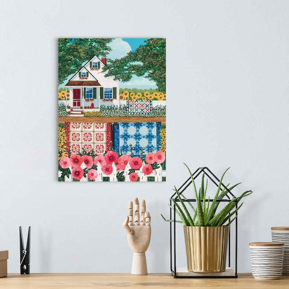 A bohemian room featuring Contemporary Americana painting of a white house with a white picket fence out front covered in p...