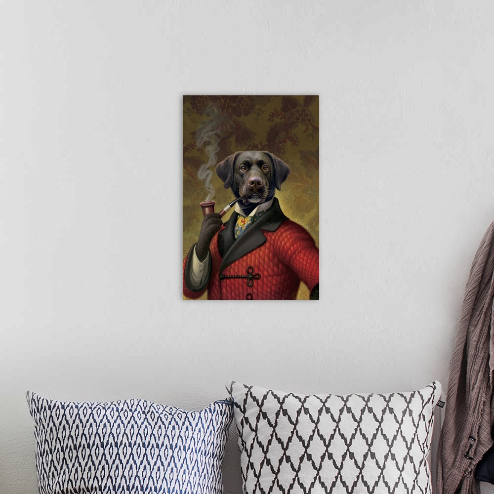 A bohemian room featuring Dog in red smoking jacket smoking a pipe.