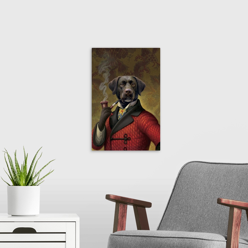 A modern room featuring Dog in red smoking jacket smoking a pipe.