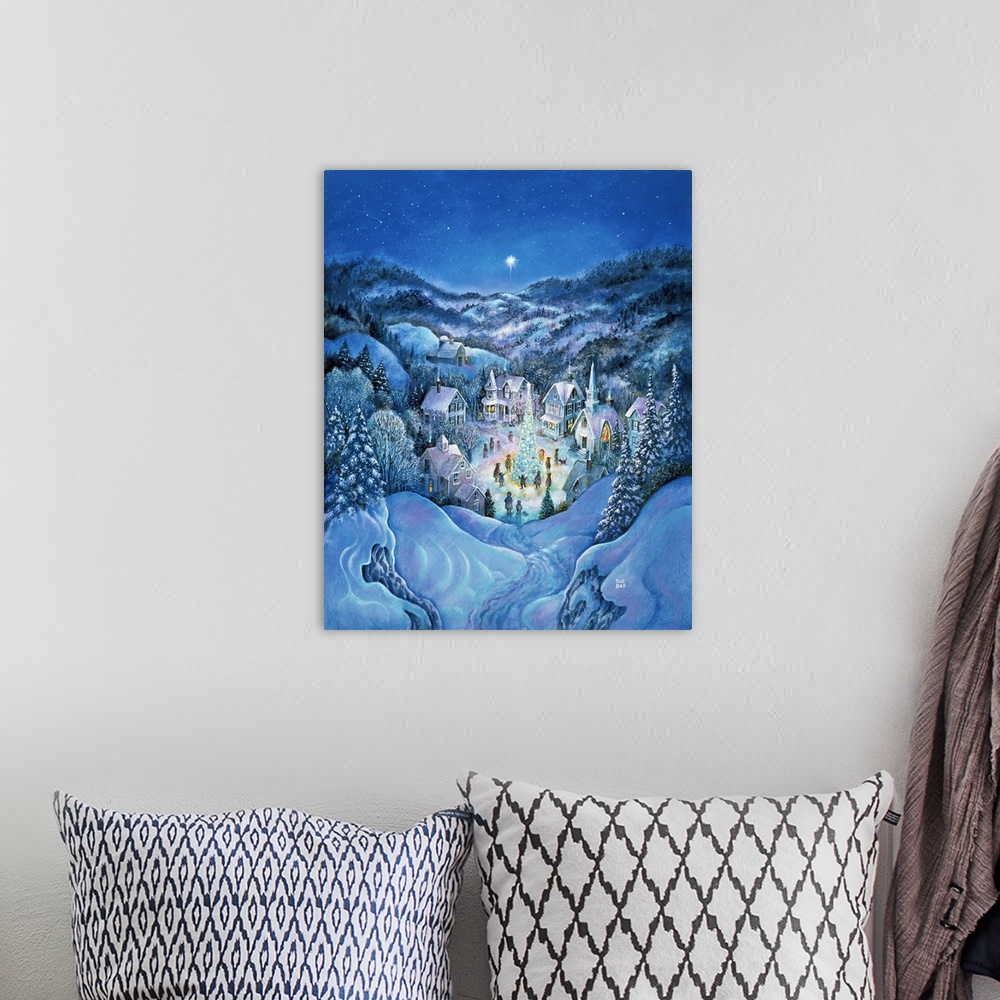 A bohemian room featuring A village nestled in the valley in a winter scene.