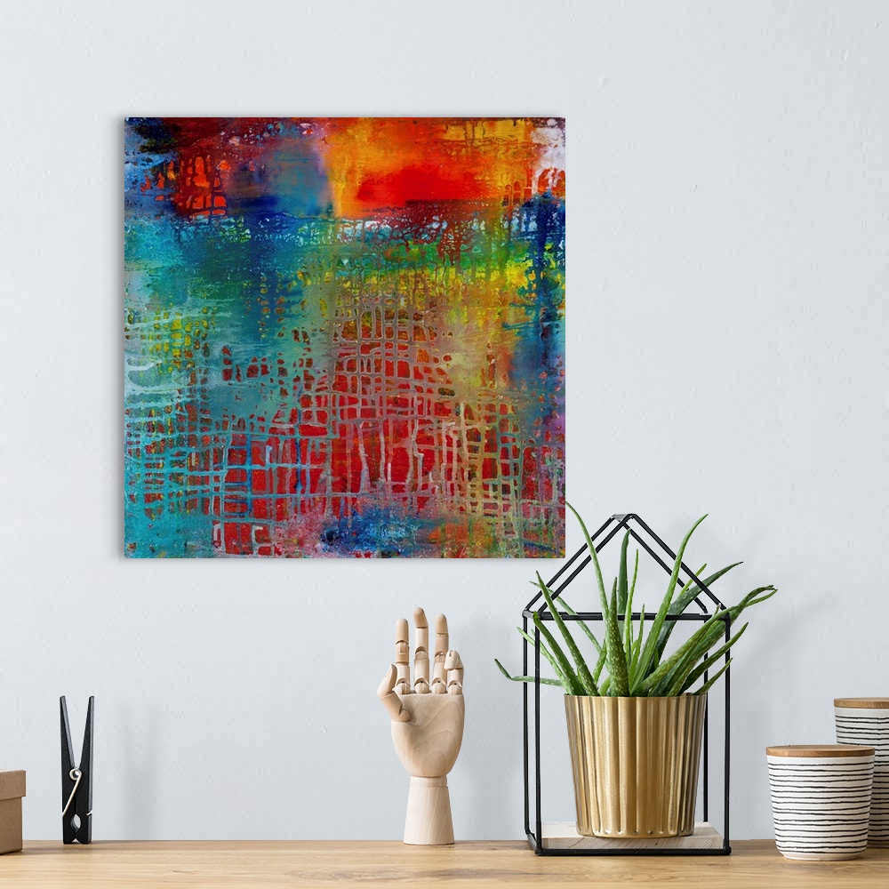 A bohemian room featuring Contemporary abstract painting in rainbow colors, with criss-crossing paint.