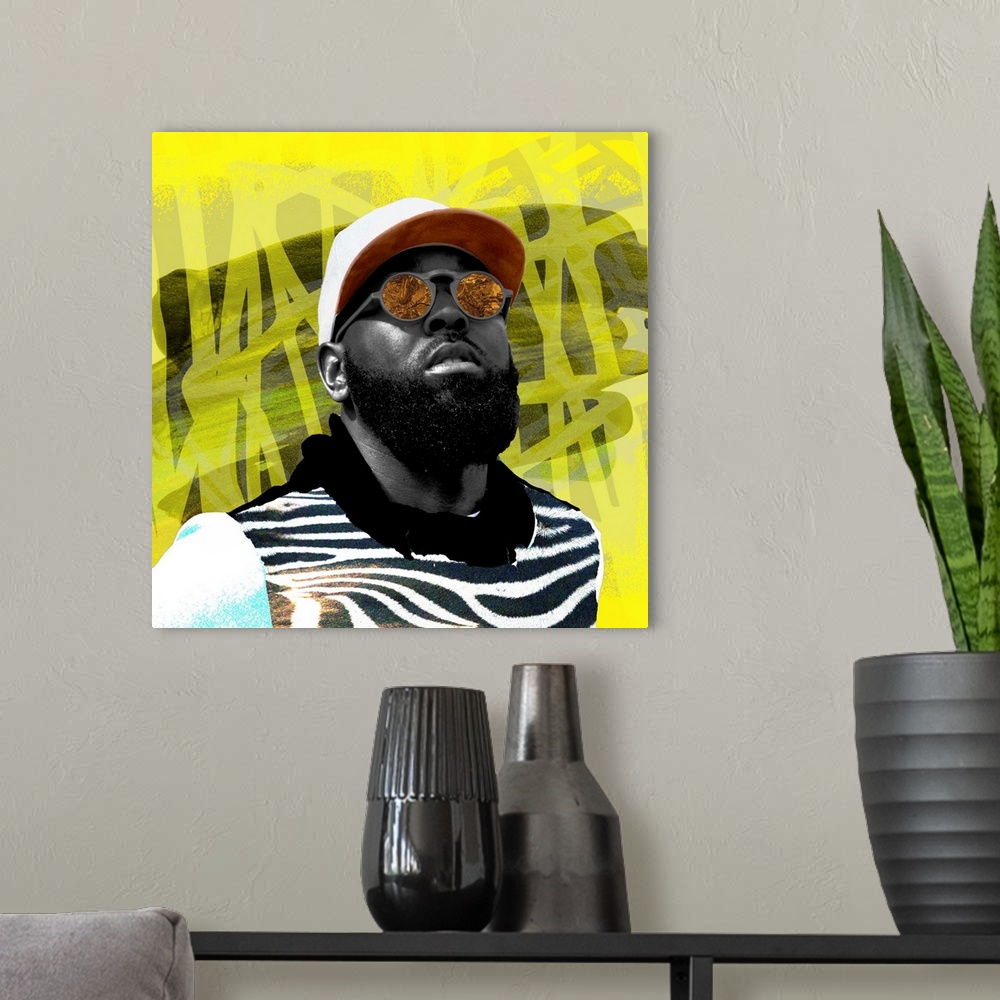 A modern room featuring A contemporary grafitti collage style painting of a Black man wearing reflective sunglasses. A ve...