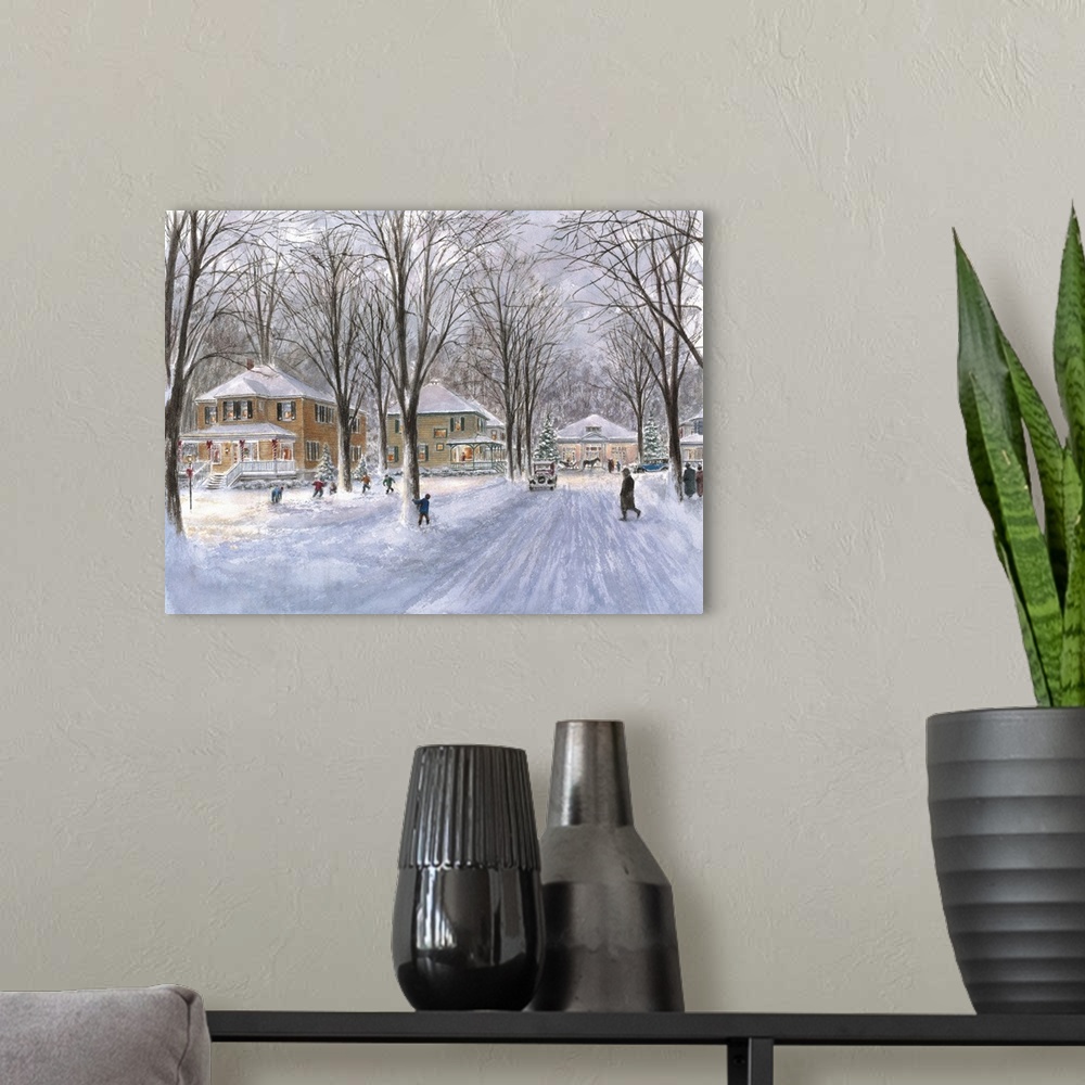 A modern room featuring Contemporary painting of an idyllic winter scene in a suburban neighborhood.