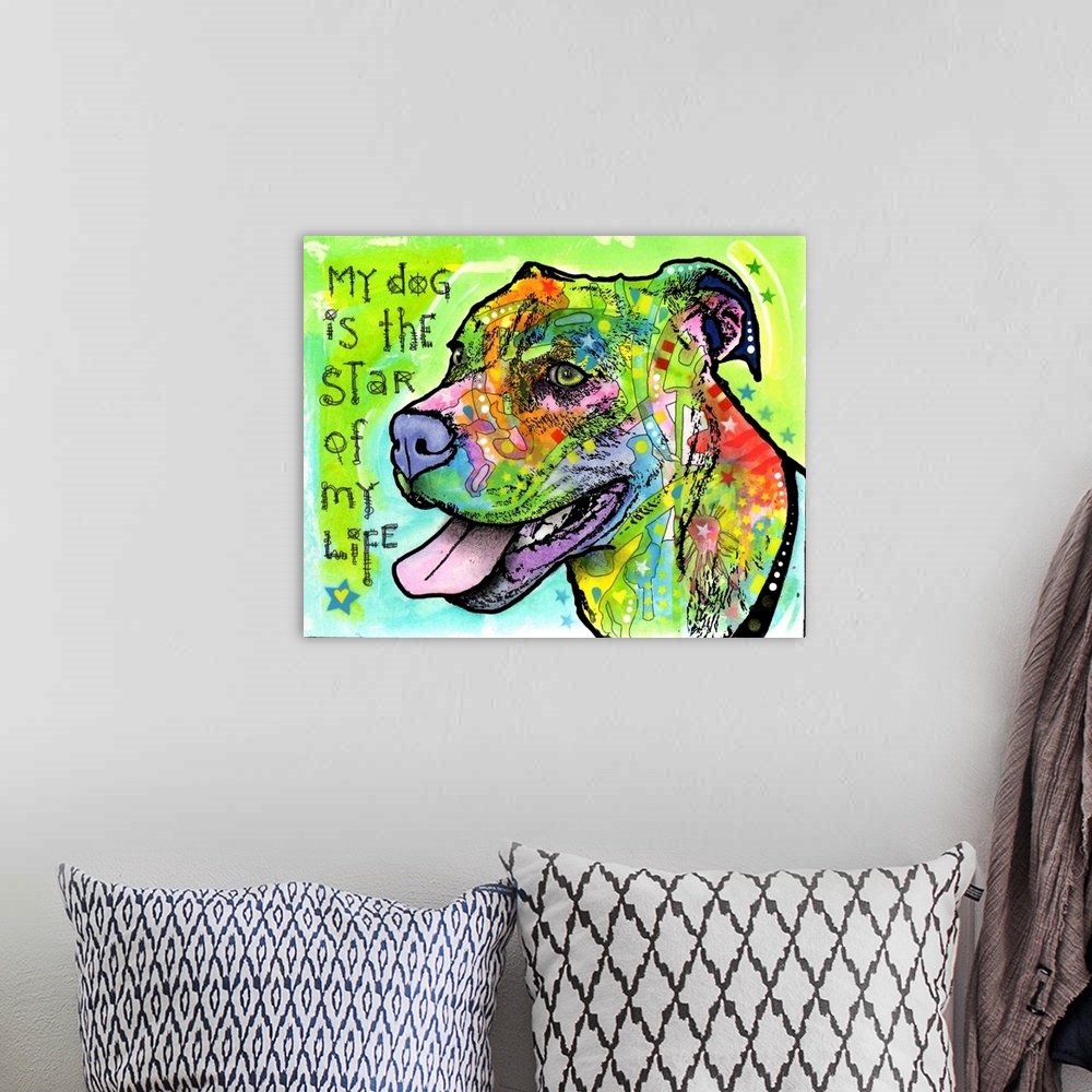 A bohemian room featuring Contemporary stencil painting of a pit bull filled with various colors and patterns with text, "M...