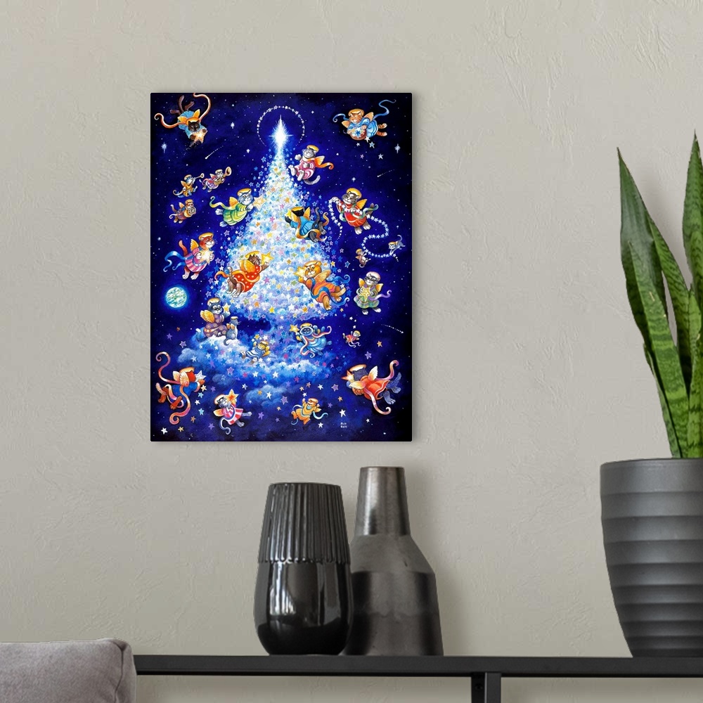 A modern room featuring angel cats decorating Christmas tree