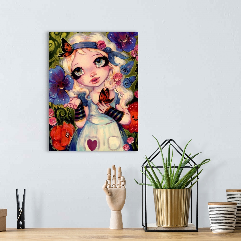 A bohemian room featuring Fantasy painting of a woman in a garden of magical flowers.