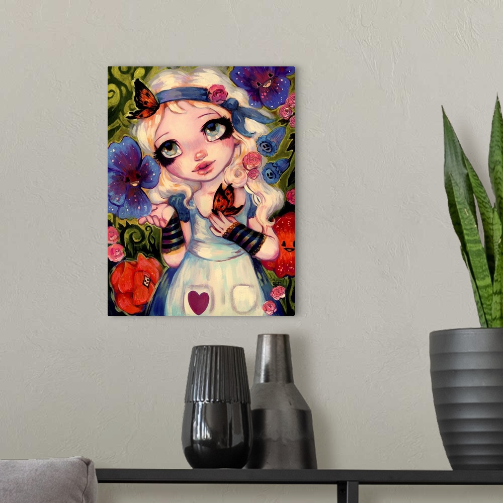 A modern room featuring Fantasy painting of a woman in a garden of magical flowers.
