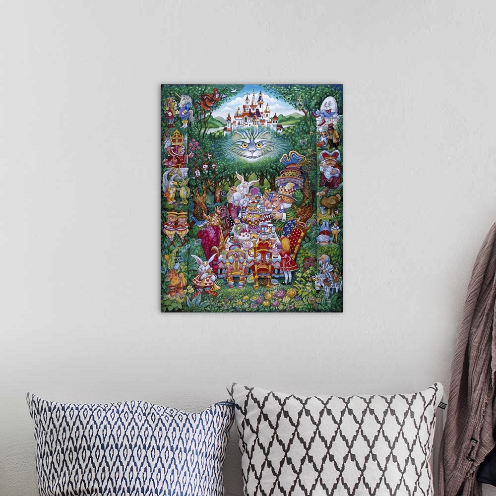 A bohemian room featuring Various characters from Alice and Wonderland either border or partake in a tea party.