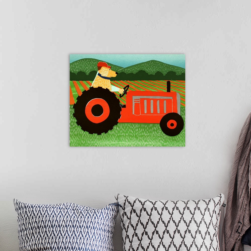 A bohemian room featuring Illustration of a yellow lab riding on a red tractor with its owner.