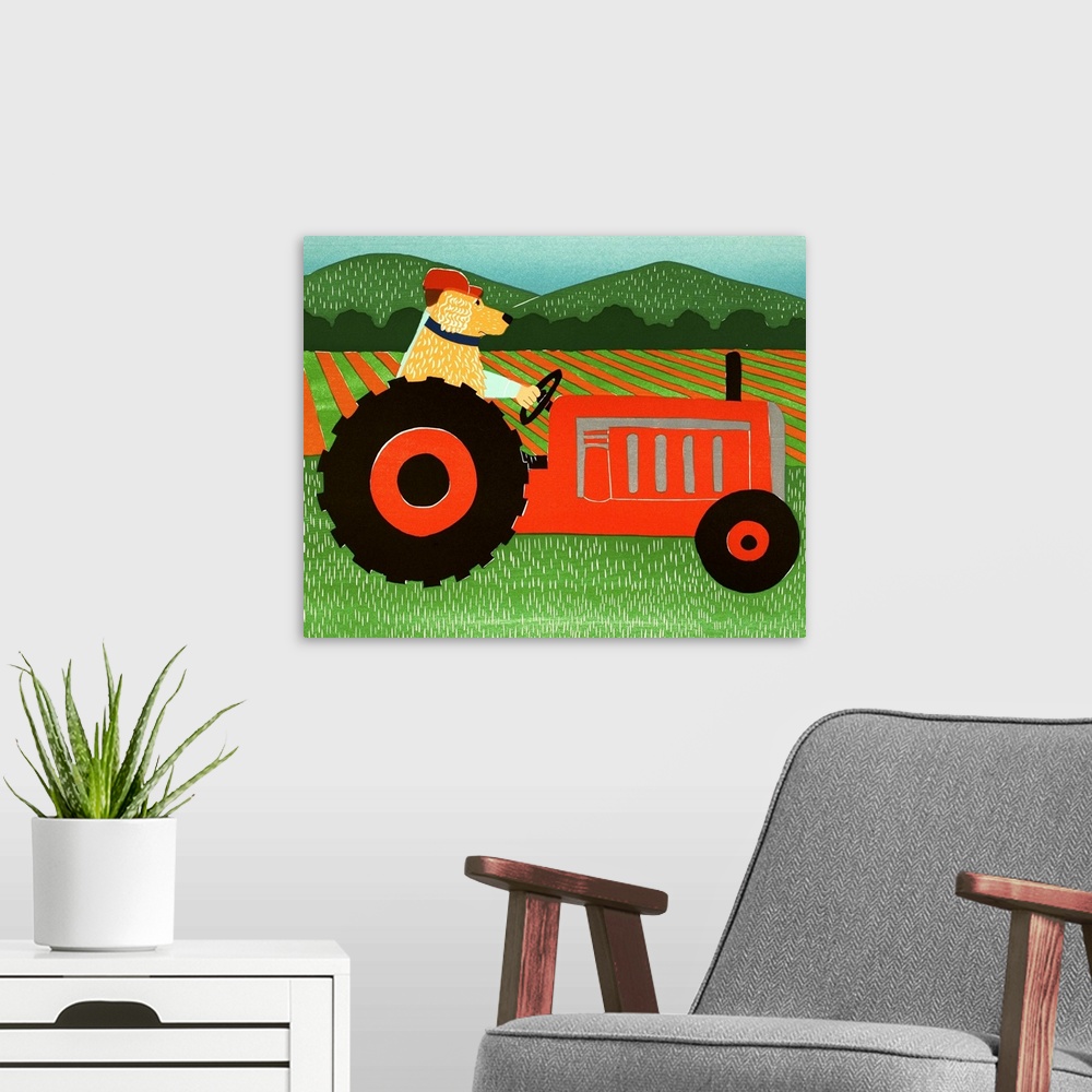 A modern room featuring Illustration of a yellow lab riding on a red tractor with its owner.