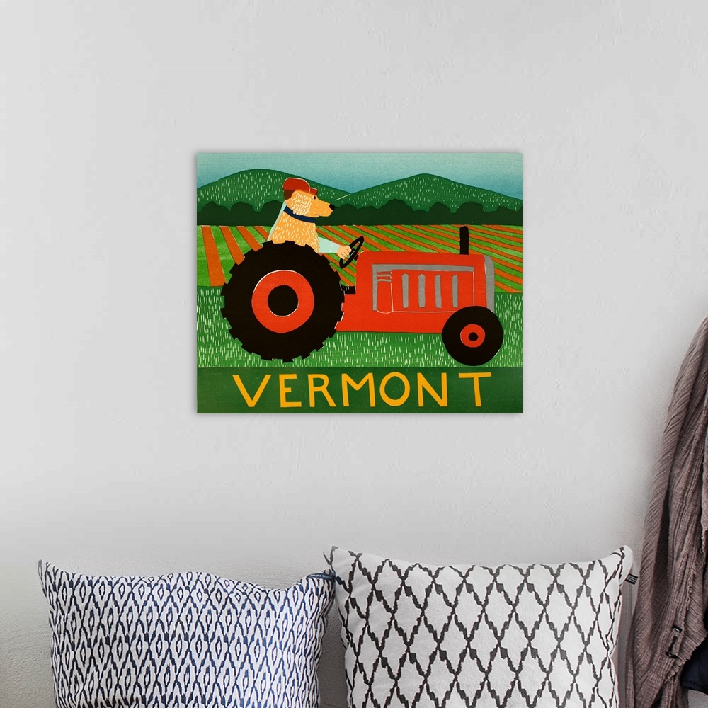 A bohemian room featuring Illustration of a yellow lab riding on a red tractor with its owner with "Vermont" written at the...