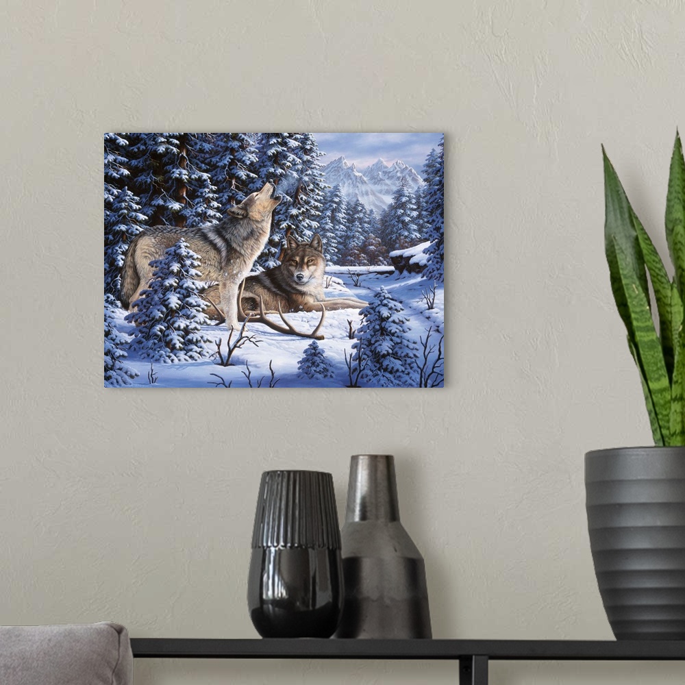 A modern room featuring Two wolves rest on a snowy peak.