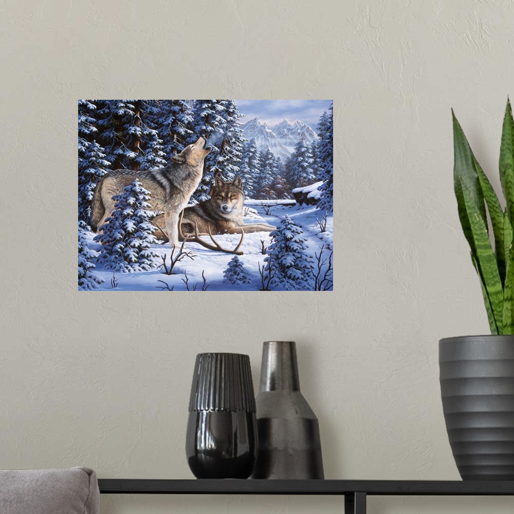 A modern room featuring Two wolves rest on a snowy peak.