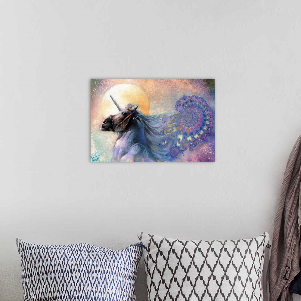 A bohemian room featuring A contemporary painting of a unicorn with a long flowing white mane transitioning into a colorful...
