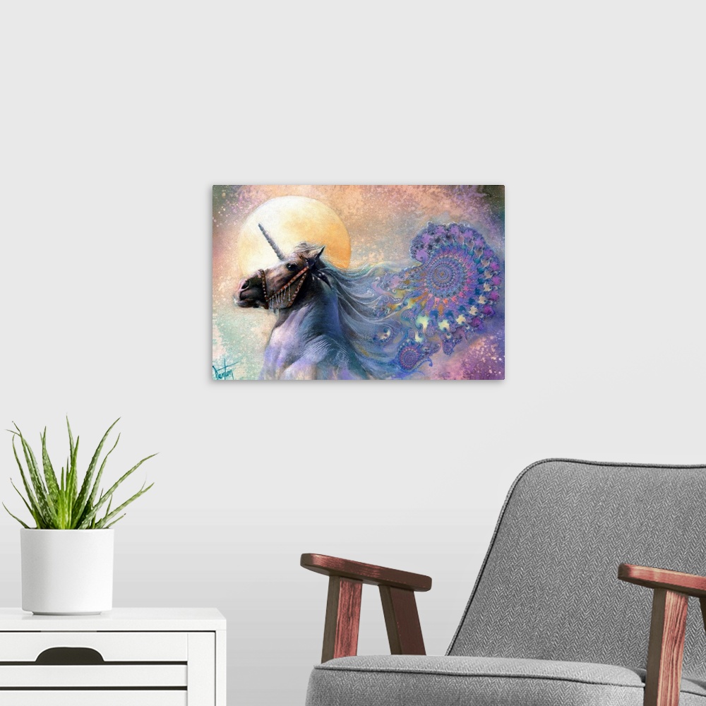A modern room featuring A contemporary painting of a unicorn with a long flowing white mane transitioning into a colorful...