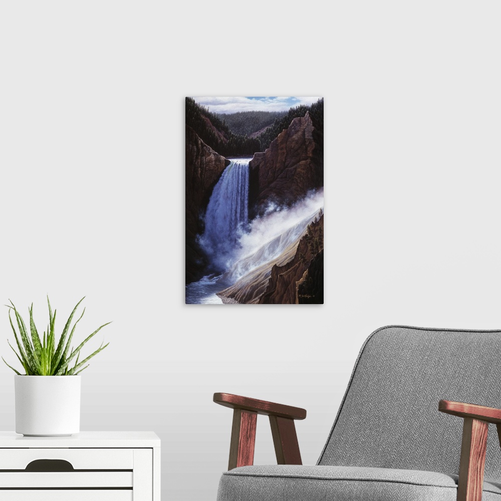 A modern room featuring A flowing waterfall in Yellowstone National Park.
