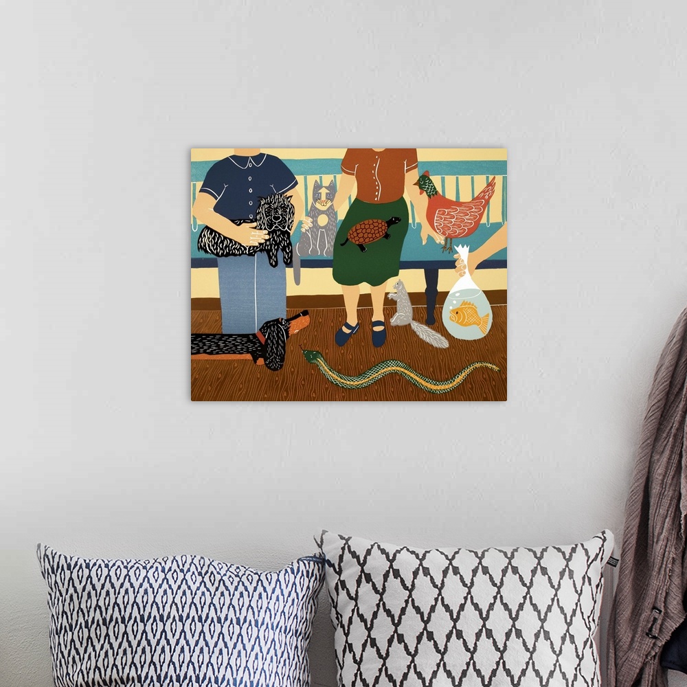 A bohemian room featuring Illustration of all kinds of pets in the waiting room of a Veterinarian's office.