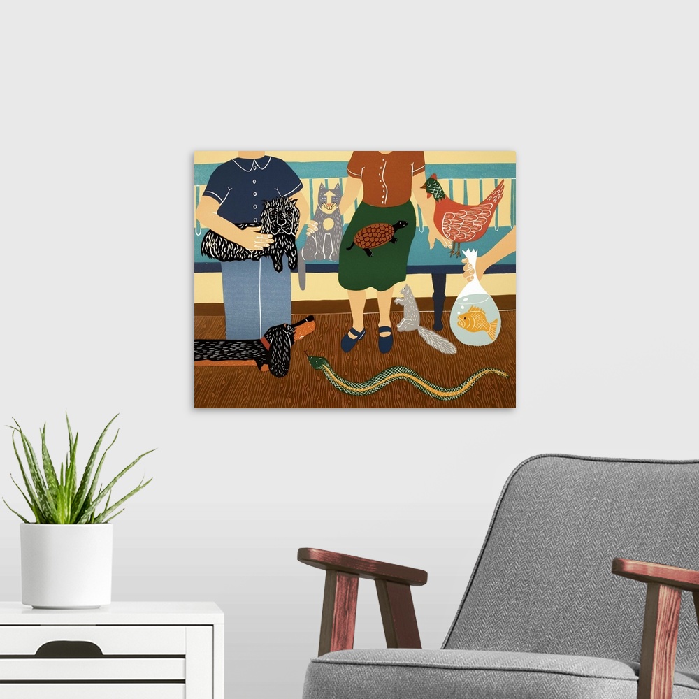 A modern room featuring Illustration of all kinds of pets in the waiting room of a Veterinarian's office.