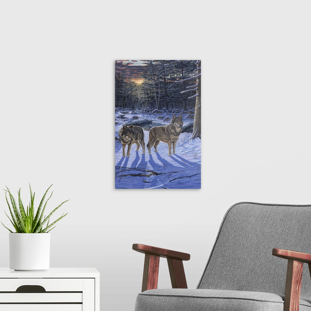 A modern room featuring Contemporary artwork of two wolves in wintery forest scene.