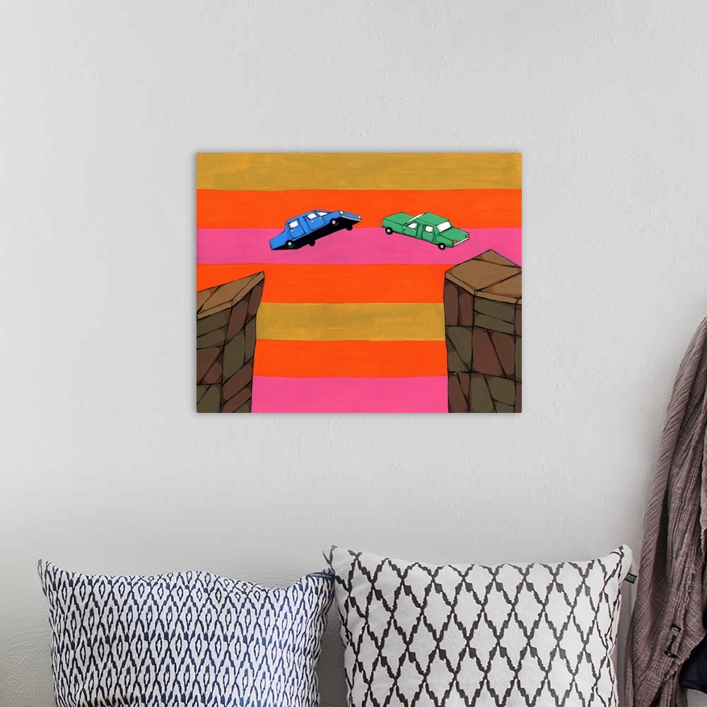 A bohemian room featuring Painting of two cars jumping off cliffs towards each other with a gold, orange, and pink striped ...